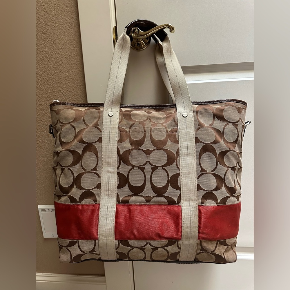Giant Coach Beige/Brown Signature Tote with Red Leather Accent